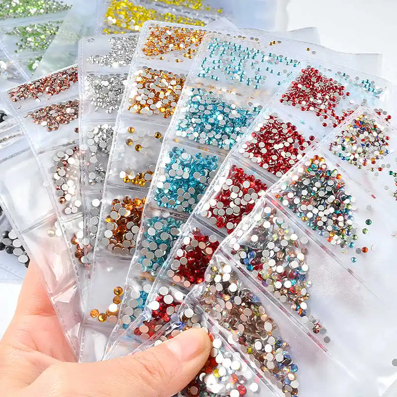 1440Pcs Mixed-size Round Nail Glitter Rhinestone SS3 SS4 SS5 SS6 SS10 Nail Crystal 3D Shiny Colorful Manicure FlatBack Diamond