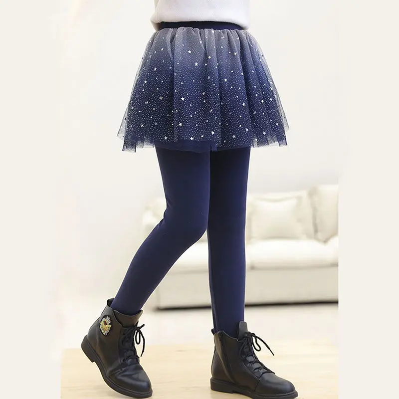 Kid Girls Lace Legging Pants 2024 New Children Autumn Skirt Pants Navy Sequin Legging Dance Clothing Tutu Skirt Pants