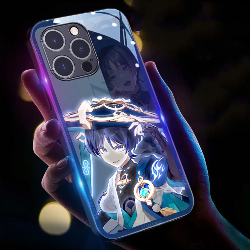 Cool Genshin Cartoon Pattern Smart LED Light Glow Tempered Glass Phone Case For iPhone Air 17 16 15 14 13 12 11 Pro Max Plus view 5