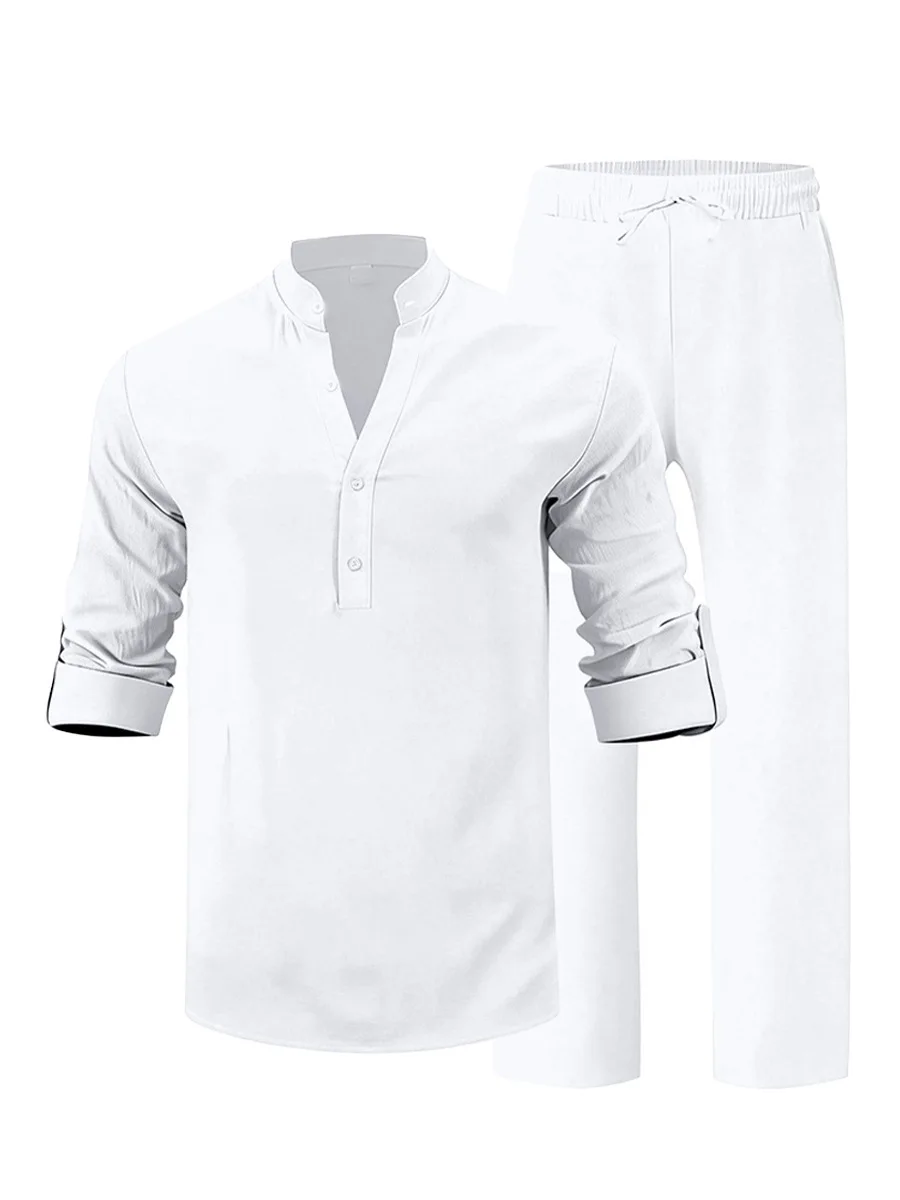Men's Casual Fashion Suit Set Cotton Linen Texture Shirt with Lapel Collar and Trousers Loose Fit Spring Summer Matching Outfit