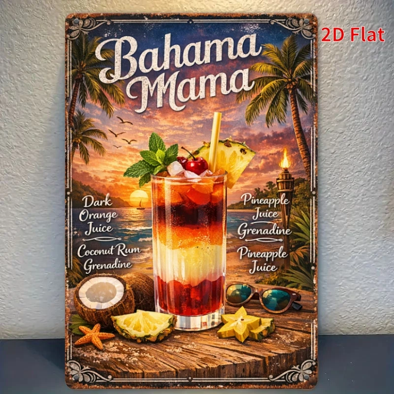 2D Flat, [2Dflat]1pcs 30x20cm- Vintage Bahama Mama Cocktail Tin Sign, Retro Bar Wall Decor, Tropical Drink Gift, 2D Flat