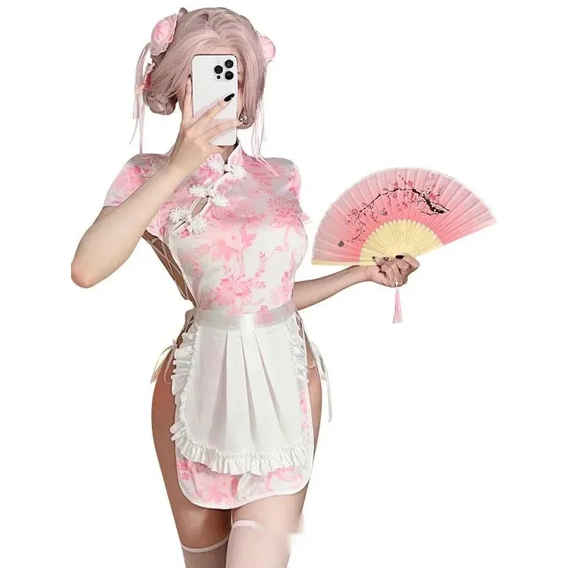 SN88 Summer New Simple Chinese Soft Girl Lolita Maid Fartuch New Chinese Style Cheongsam Printing Dress Female Comfort Trendy Dres