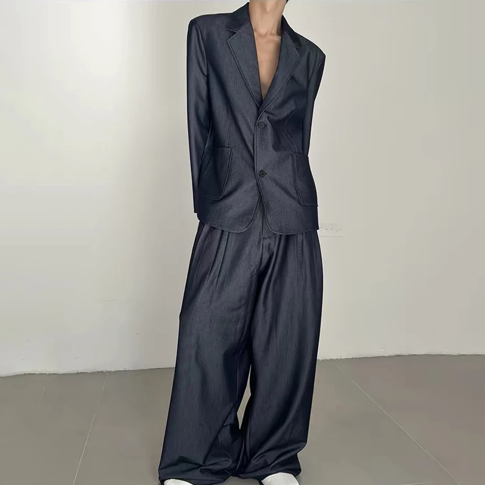 Men Denim Suit Single Breasted 2Pics Jacket Wide Leg Pants Set Loose Oversized Casual Business Party Outfit for Male Streetwear