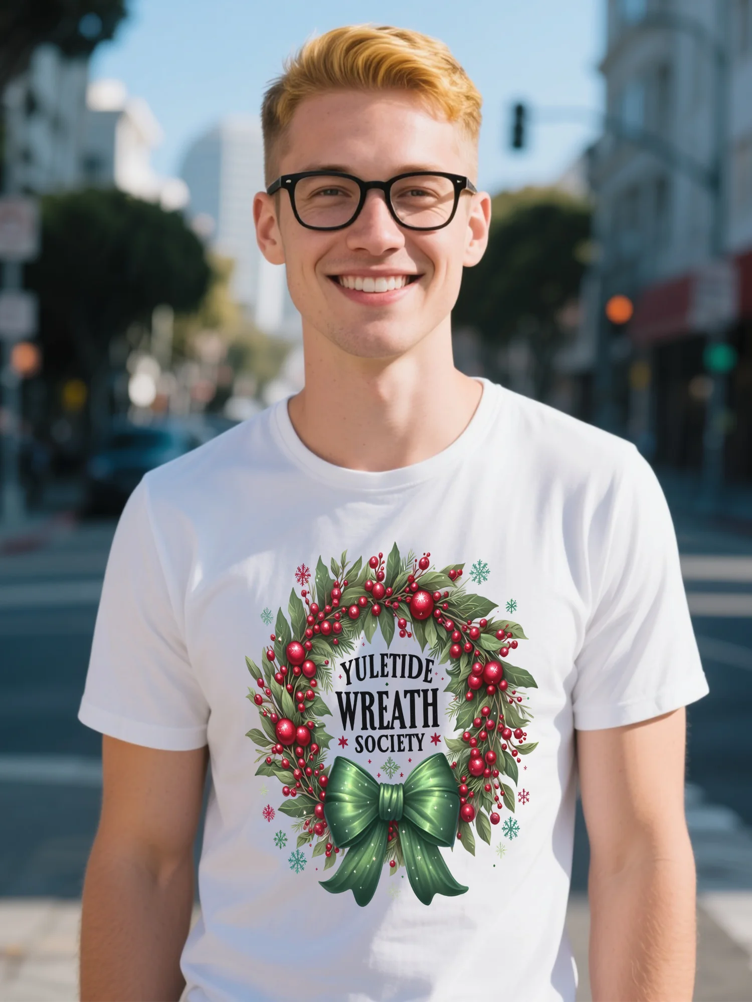 

Men's White Cotton Christmas Printed High Street Chic Santa Hat Fitted Daily T-shirt