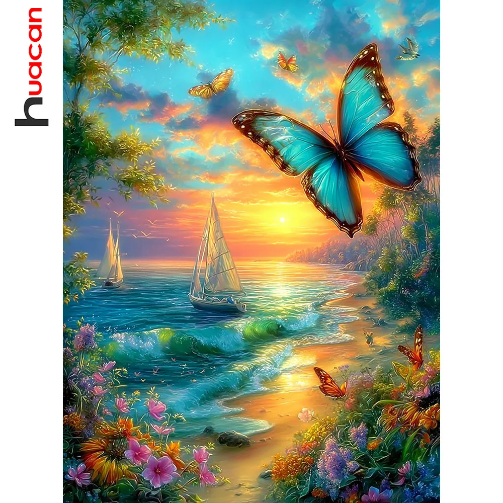 Huacan 5D DIY Diamantmalerei Sonnenuntergang am Meer Schmetterling Diamant-Mosaik Landschaft Neue Kollektion Dekorative Gemälde