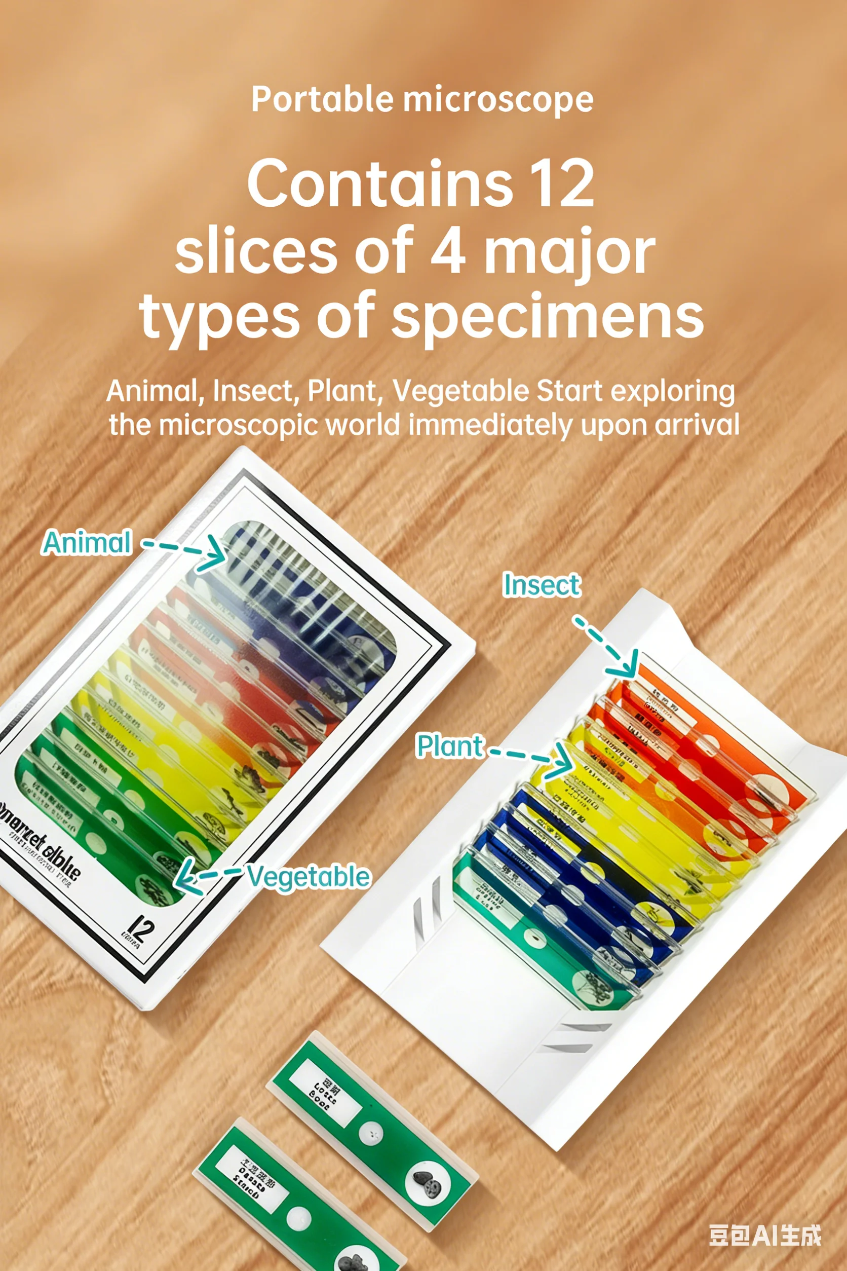 12 plastic biological sections of microscope specimens in Chinese and English, mixed with animals, plants, and insects