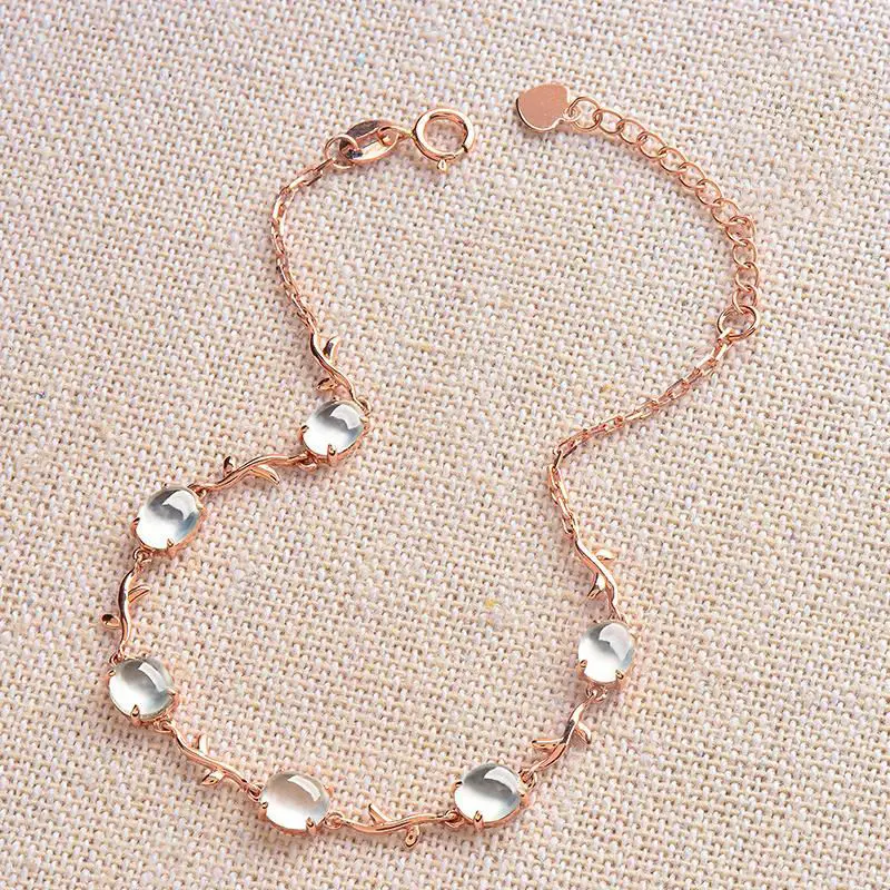 Original design natural ice ellipse chalcedony plant winding bracelet retro elegant and fresh charm little fairy silver jewelry