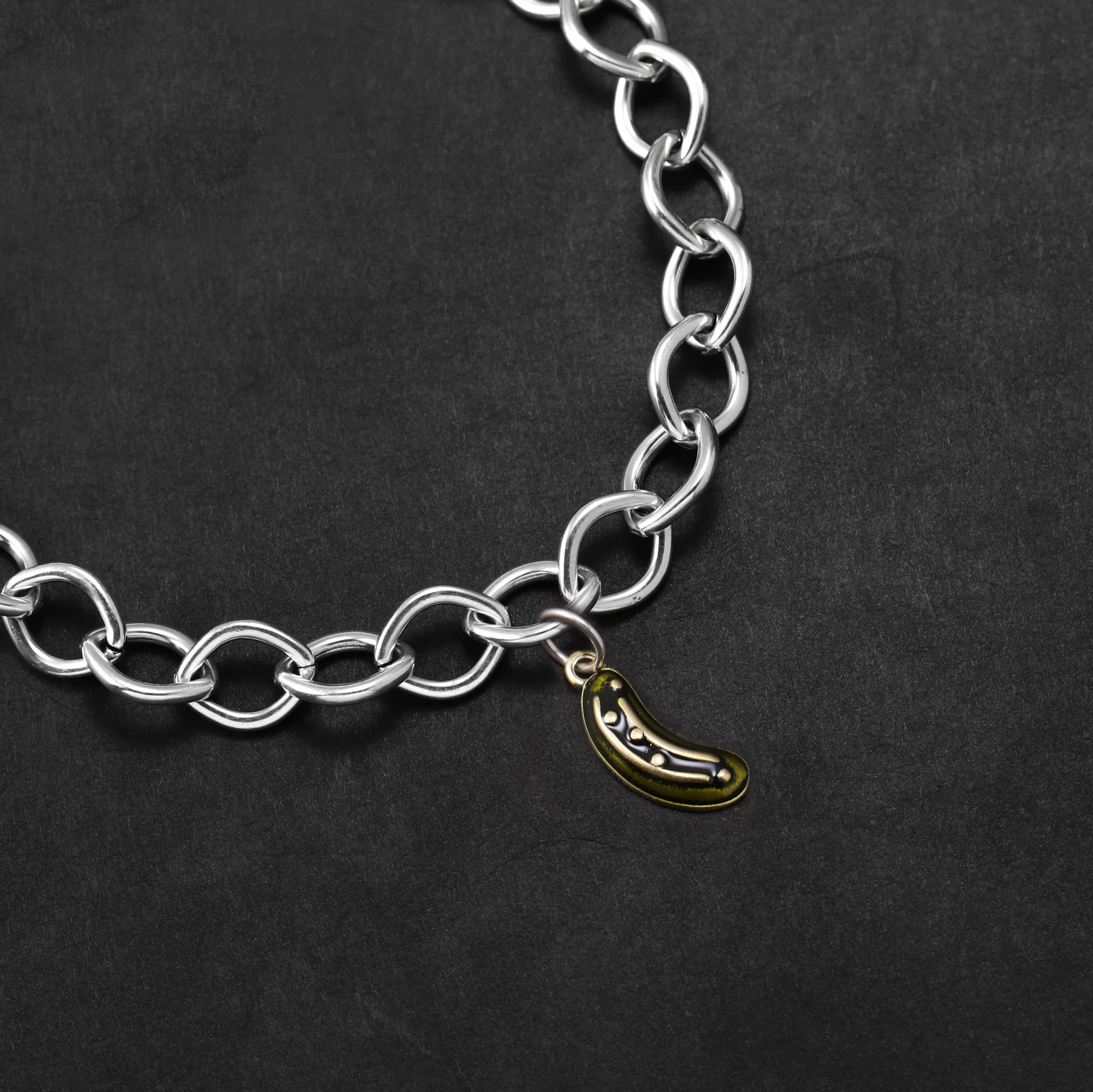 Genuine 925 sterling silver Forged Link Charm Bracelet paired with an Enamel cucumber pendant