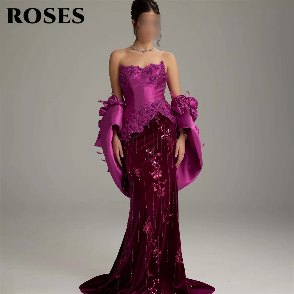 ROSES Fuchsia Evening Gown 3D Floral Applique Prom Dress with Sequin Wedding Gown Mermaid Sweep Train robes de soirée Customized