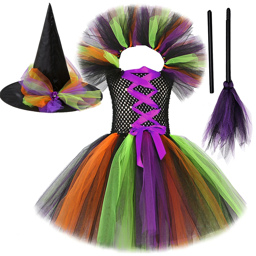 Halloween Witch Costume for Girls Carnival Party Tutu Dress with Witch Hat Magic Broom Children New Year Tutus Kids Fancy Outfit