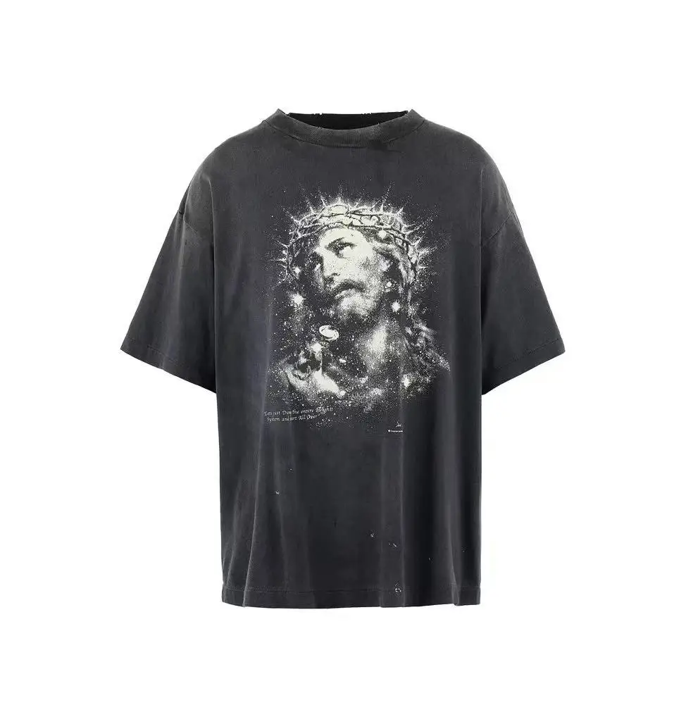 

Мужская одежда Saint, черная лоскутная футболка с круглым вырезом и короткими рукавами с принтом, ropa hombre