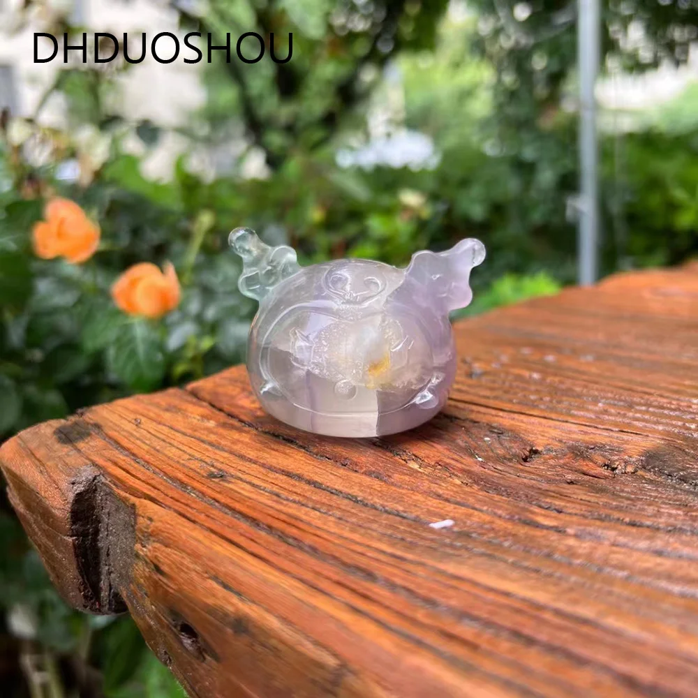 

Customized Natural Crystal Real Gemstone Kuromi Figurines Fluorite Carving Spiritual Healing For Home Decor Meditation Kids Gift