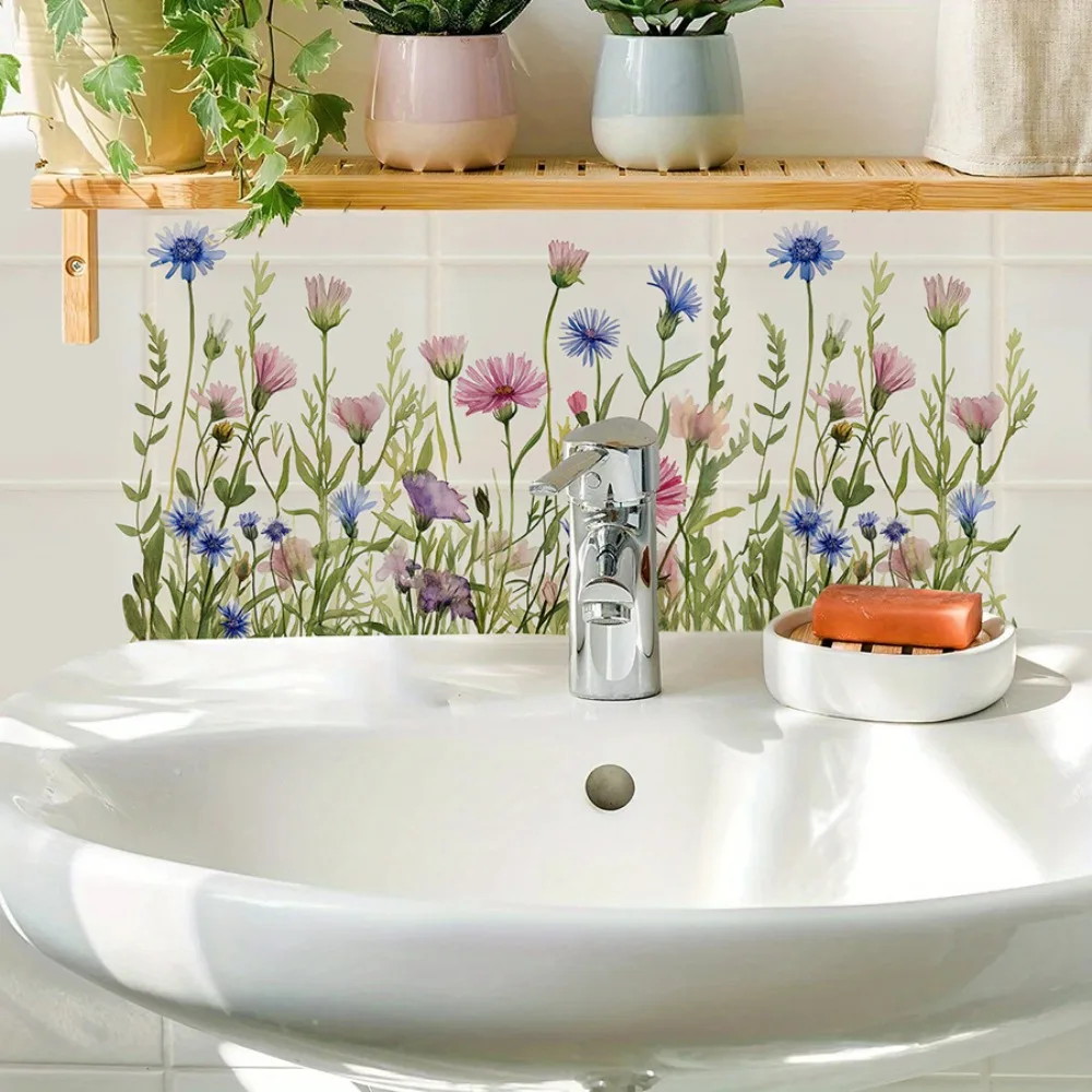 Watercolor Wall Decals Wildflowers Self-Adhesive Removable Bathroom Vanity Decor Easy Peel and Stick Shower Moisture Resistant