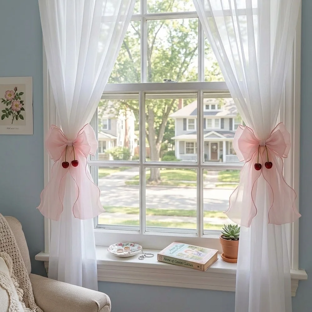 2 Pack French Ribbon Bow Curtain Tiebacks Sheer Lace Bowknot Curtains Tie for Home Bedroom Living Room Wedding Party