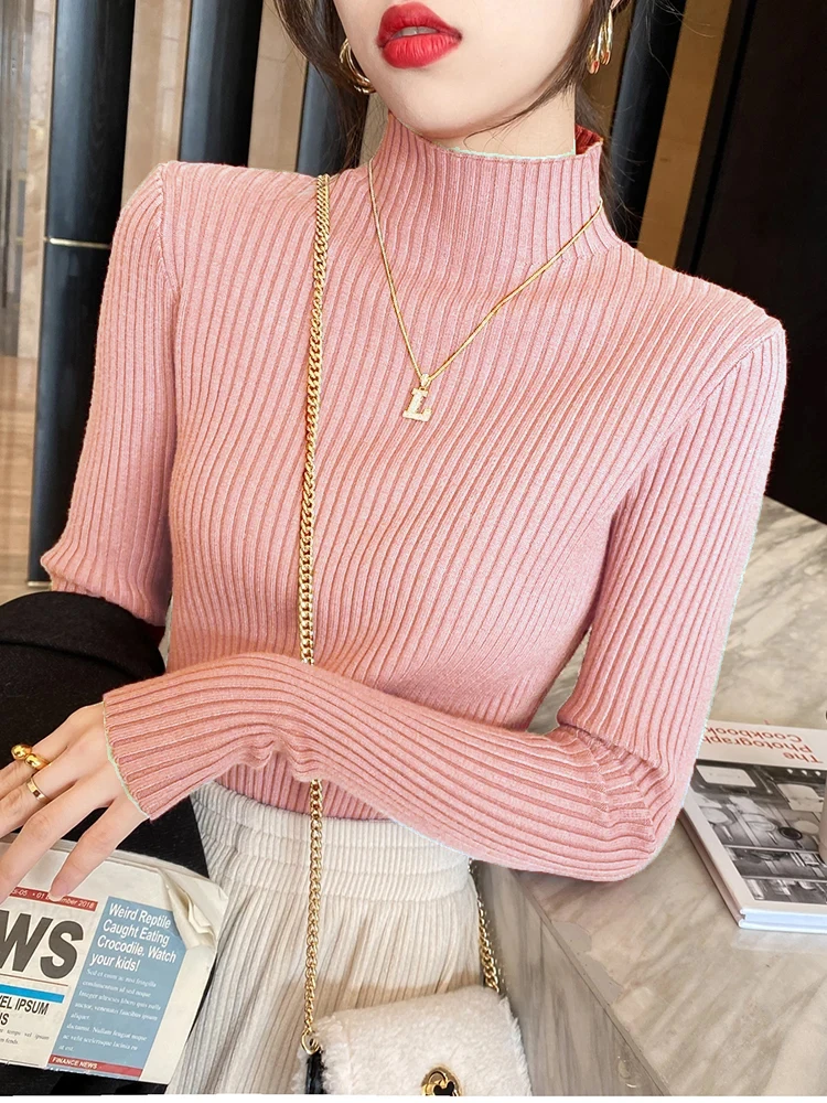 Beiläufige Dünne Elegante Solide Grund Gestrickte Tops Frauen Rollkragen Pullover Langarm Pullover Koreanische Mode Einfache Chic Kleidung