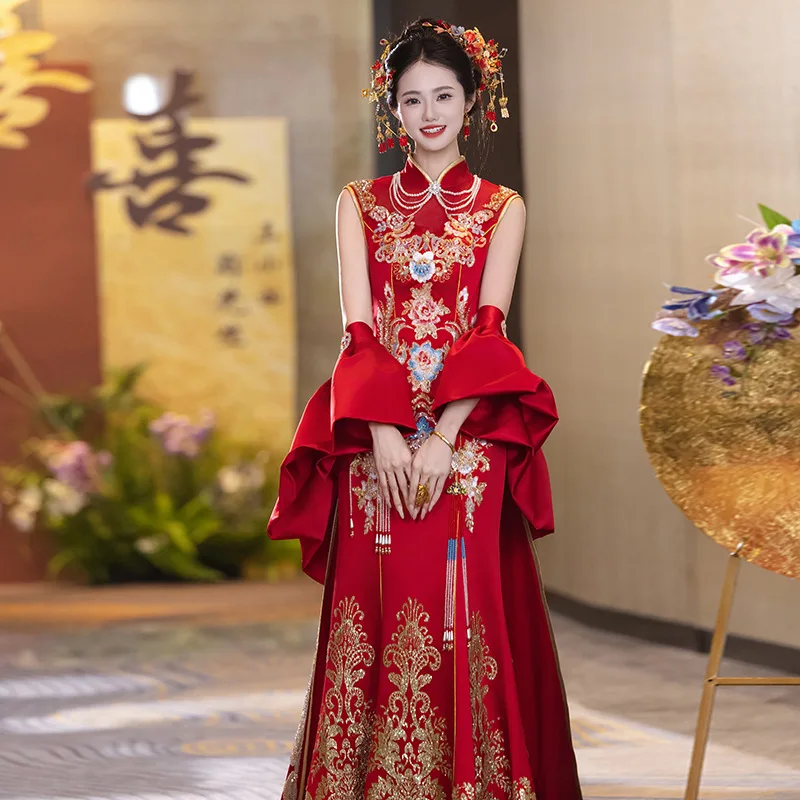 

Улучшенное платье Cheongsam без рукавов с хвостом, свадебное китайское тостовое шоу 2021, тонкое платье, платье невесты Qipao