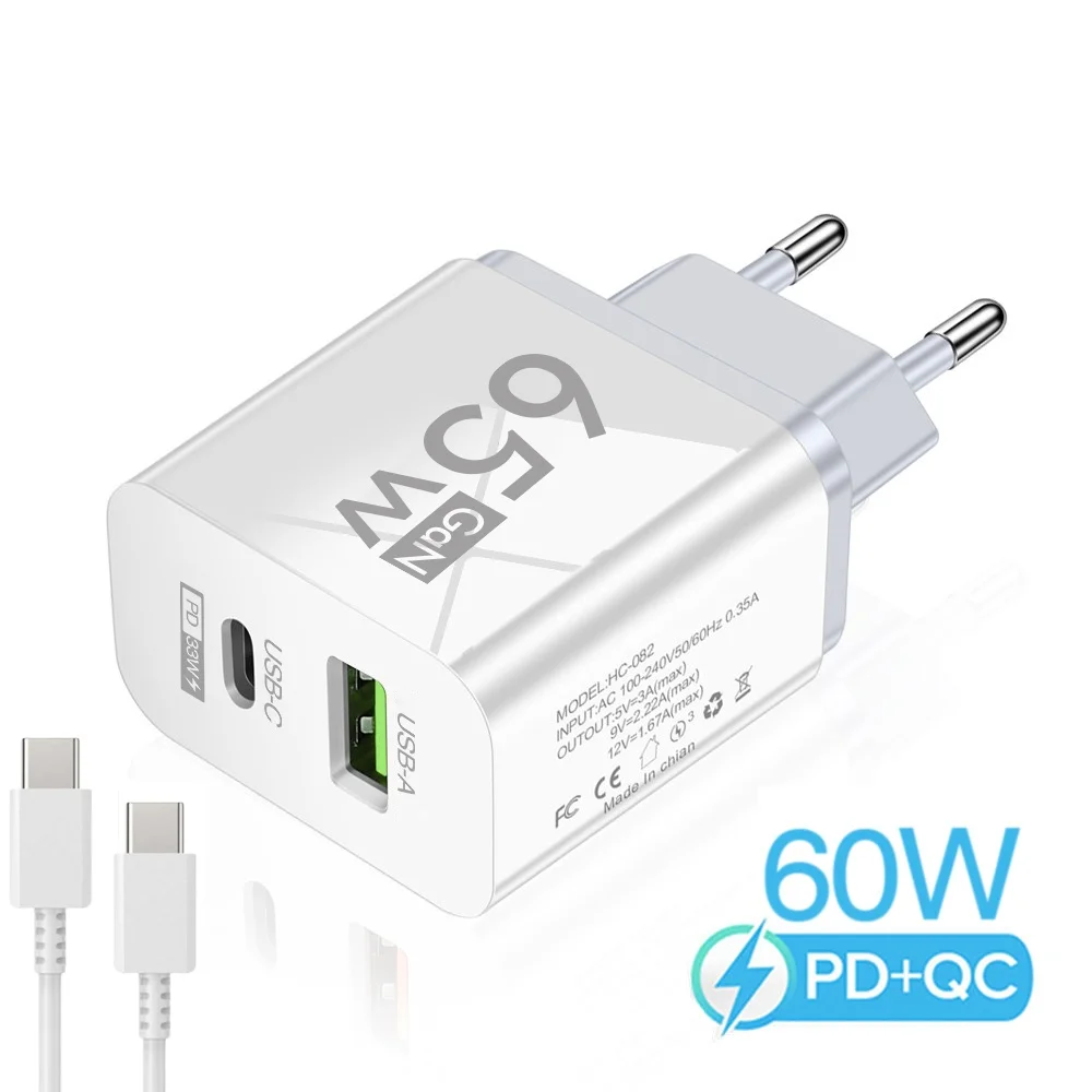 65W GaN Schnellladegerät USB-C USB-A Dual-Port PD3.0 Quick Charge Adapter für iPhone Samsung Xiaomi Laptop EU US Stecker Reise