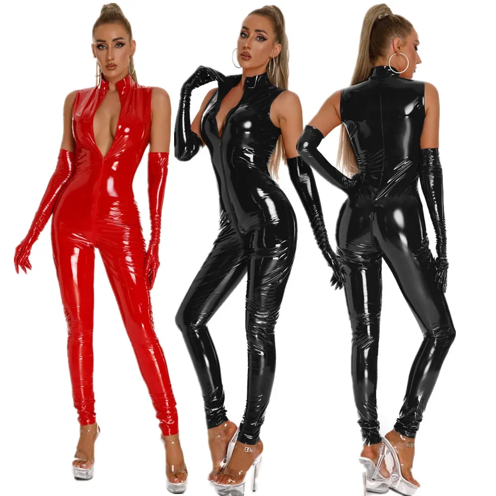 

Sexy Women Shiny Faux Leather Bodysuits PVC Latex Catsuit Front Zipper Open Crotch Jumpsuit Stretch Bodystocking Erotic Costumes