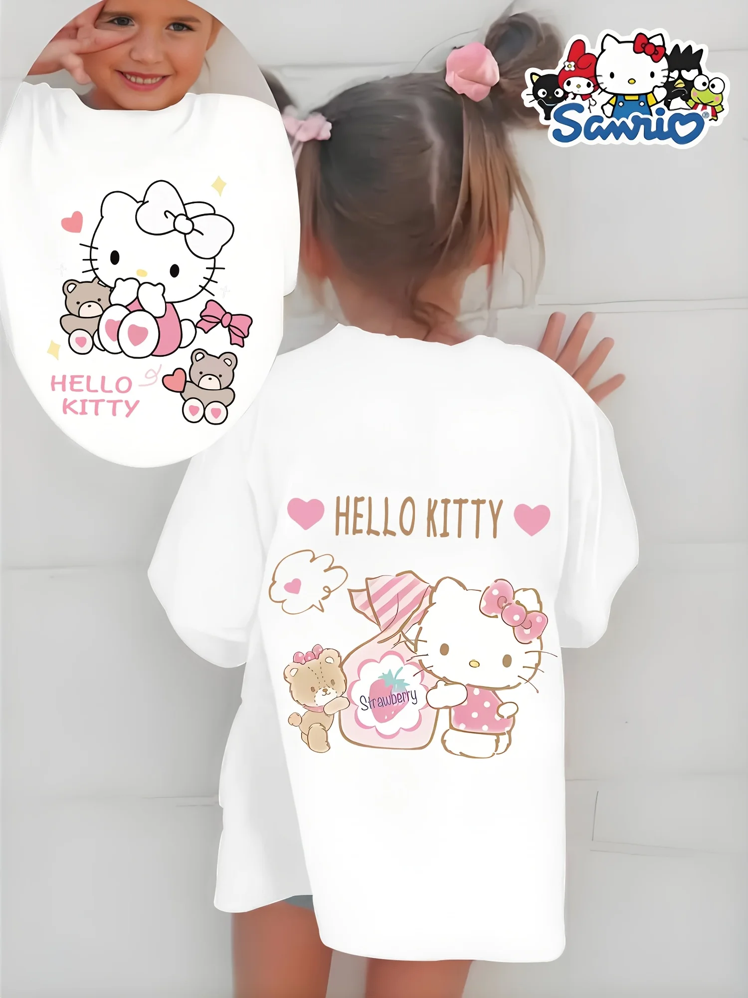 

Летняя футболка для девочек: модная одежда с милыми принтами Sanrio Hello Kitty, из 100% чистого хлопка и мягкого материала