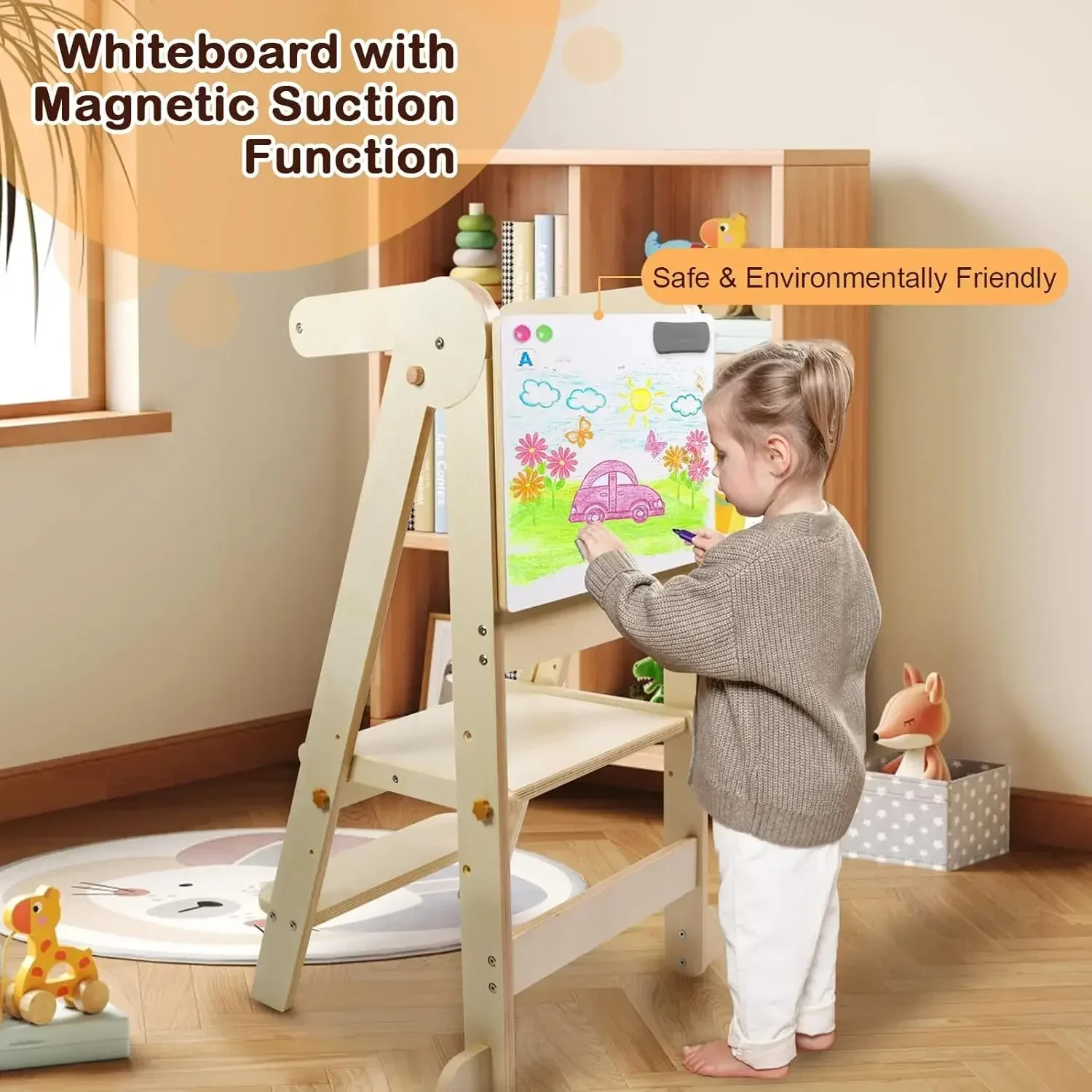 Toddler Tower Kitchen Step Stool, Standing Tower with Whiteboard, Toddler Kitchen Stool Helper with 3 Adjustable Height, Step St