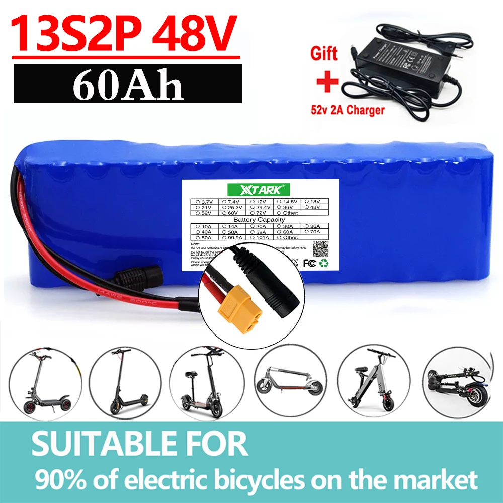 E-bike 48v Battery Pack 60Ah 18650 Lithium Ion Battery 13S2P 1000w Bike Motorcycle Conversion Kit Electric Scooter BMS +Charger