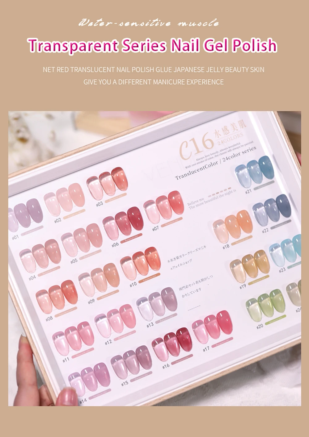 Vendeeni 24 Farben/Set Transparenter Jelly Gel Nagellack UV Soak Off Gel Lack Nude Pink Hautfarben Gel Lack mit Display – Detail 1