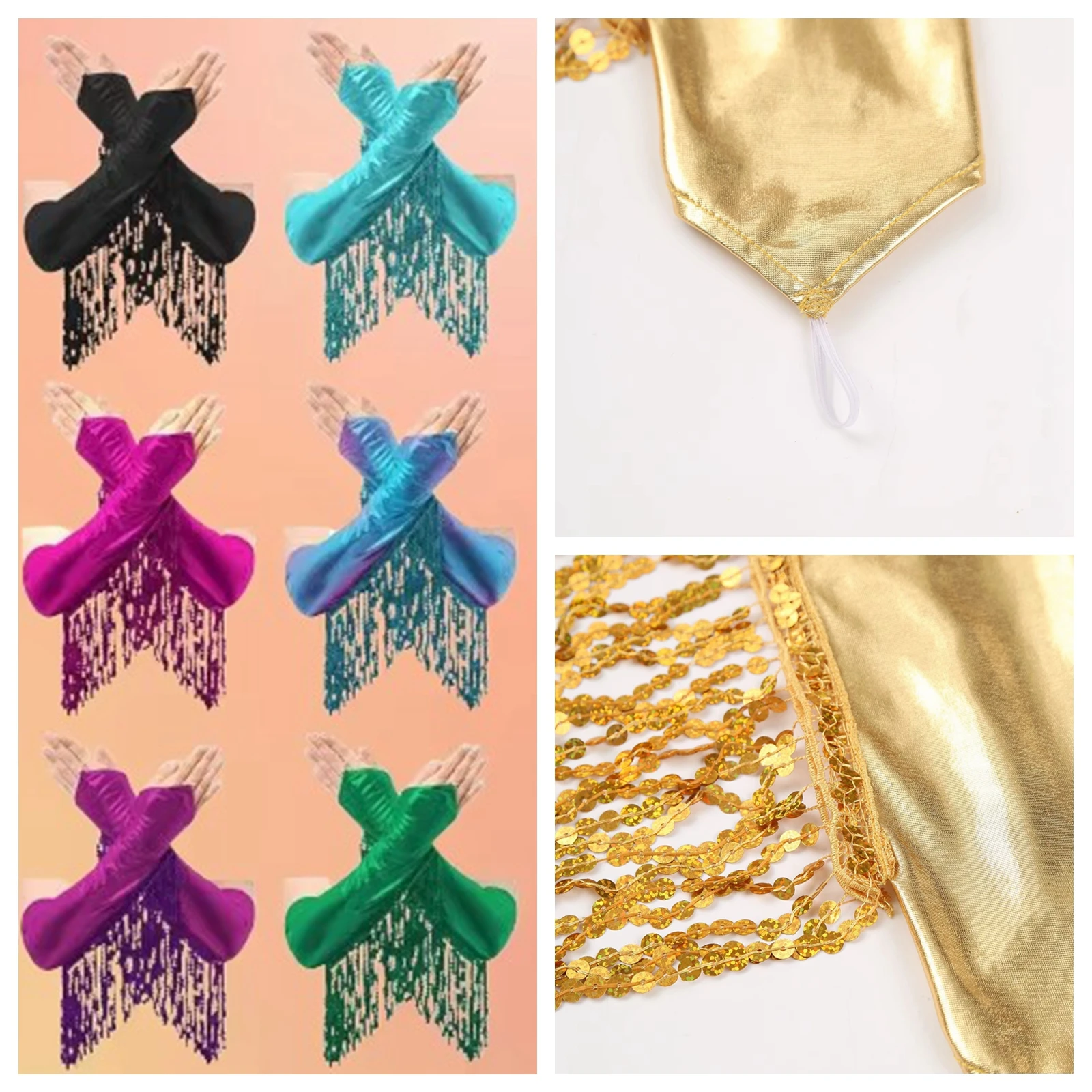 Shiny Party Gloves Elbow Length Women Tassel Long Gloves Adult Sequin Metallic Fingerless Mittens Stage Performance Accessories