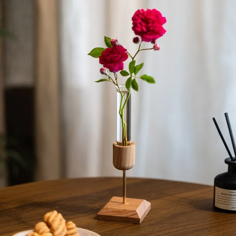Minimalist Wooden Base Glass Test Tube Vase, Single Stem Flower Holder for Fresh Plants, Dried Flowers & Tabletop Decor