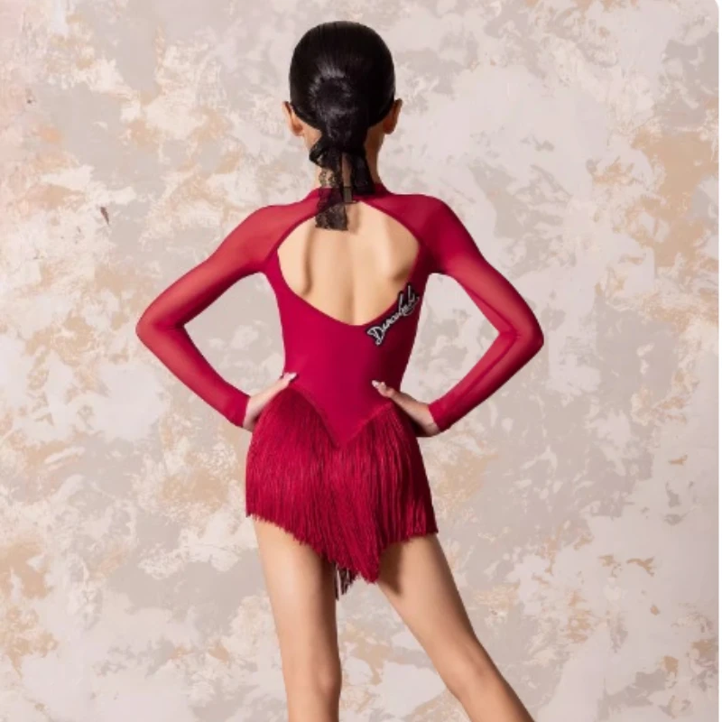 New Girls Latin Dance Dress Long Sleeves Fringe Dance Costume Cha Rumba Samba Dance Competition Dress Practice Dress BL view 5