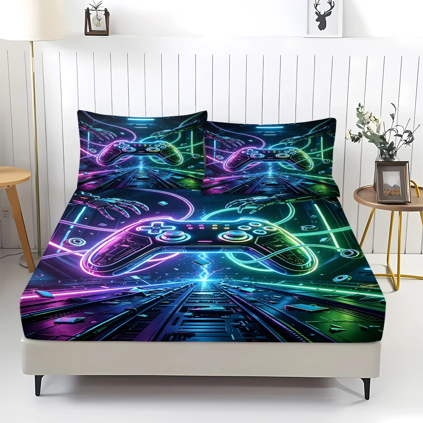 Cyberpunk Neon Game Controller Fitted Sheet Set Hand Gamepad Print Bedding Set Bed Sheet with Pillowcases for Game Lovers Decor