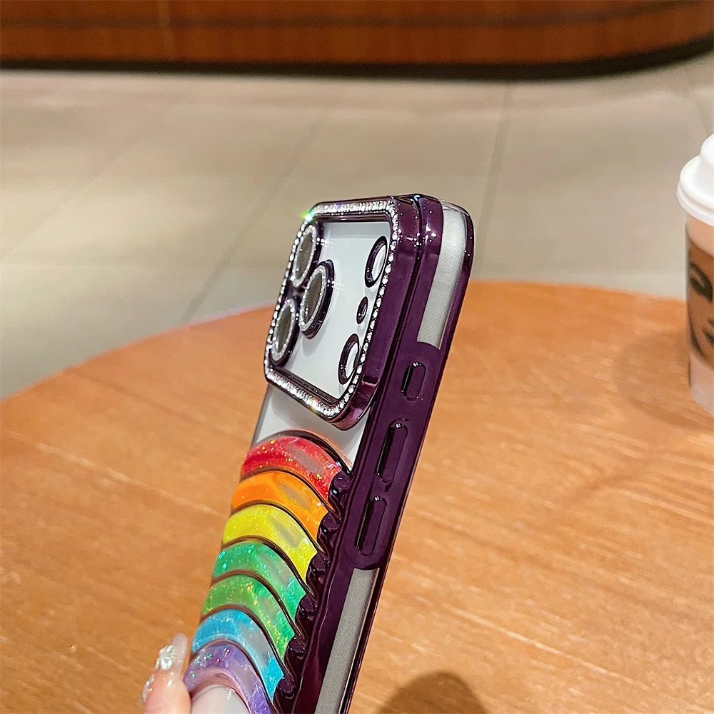 Glitter Strass Regenboog Transparant Telefoonhoesje voor iPhone 17 Pro Max 16 15 14 13 12 11 Camera Lens Protector Plating Cover