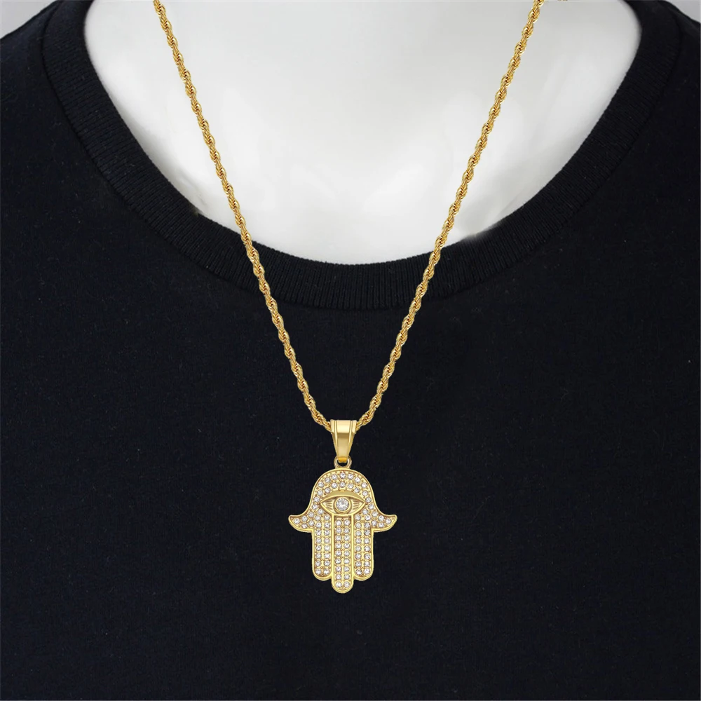 

Turkish Evil Eyes Hamsa Hand of Fatima Pendant Gold Color Stainless Steel Rope Chain Palm Amulet Necklace for Women Men Jewelry