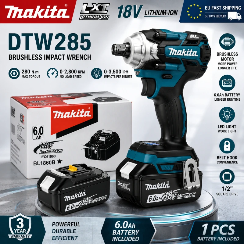Makita DTW285Z Akku-Schlagschrauber 18V LXT 280N.m bürstenlos, leistungsstarker Elektroschrauber 1/2" mit 6,0Ah Akku für Auto, Werkstatt, Bau, EU-Lager, schneller Versand aus dem Lager in Polen