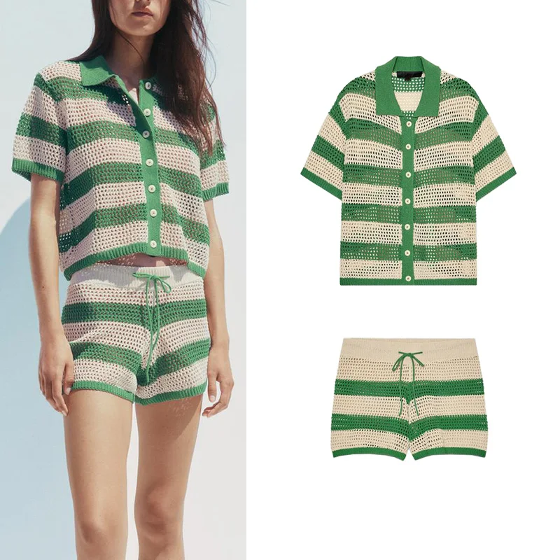 Conjunto de Dos Piezas de Moda Primavera para Mujer: Chaqueta de Punto de Manga Corta con Cuello Tipo  y Cintura Alta con...