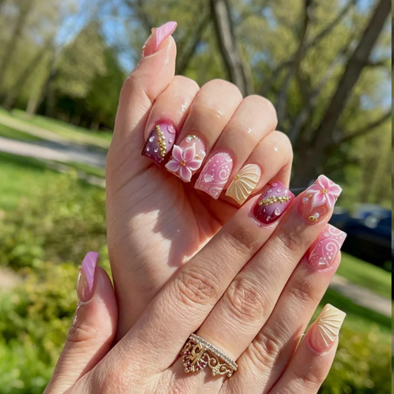 

24Pcs Short Square Head Full Cover Nails Tips with Gradient French Press on Fake Nails 3D Flower Stripe Detachable False Nails