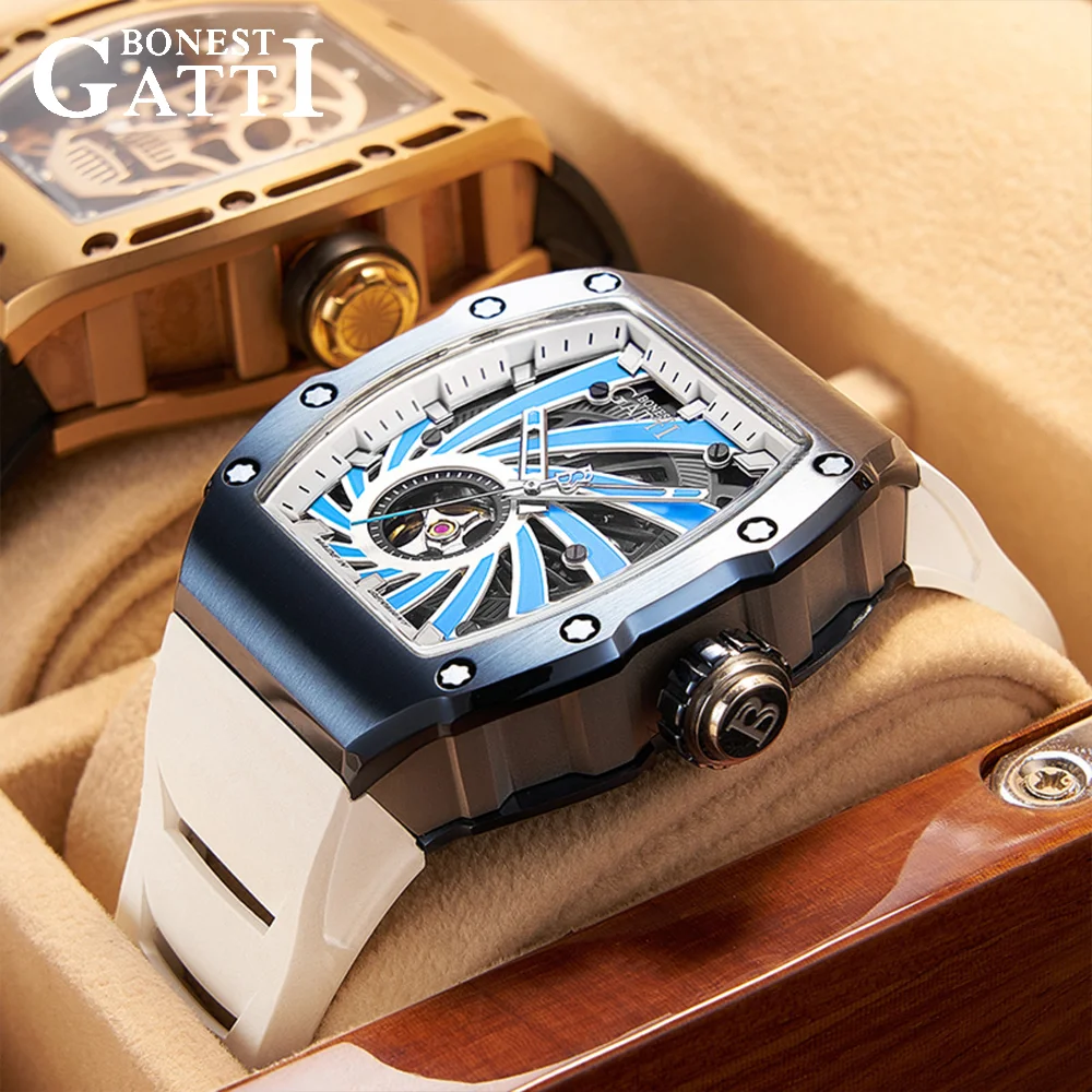 BONEST GATTI Men Luxury Trendy Automatic Mechanical Movement Wristwatch Tonneau Skeleton Steel Case Rubber Strap German Craft