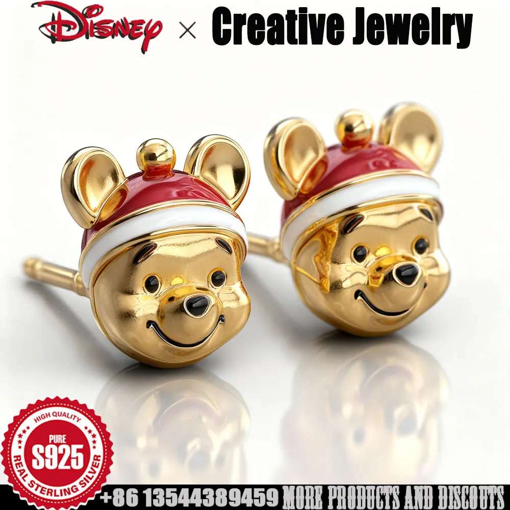 

925 silver earrings for women Disney Winnie the Pooh cartoon cute stud earrings Gold plating luxury fine jewelry Christmas gift