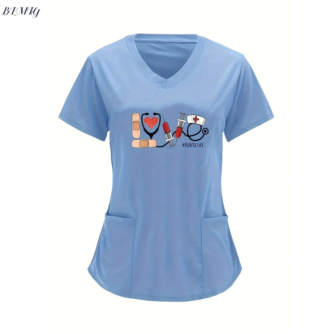 Esfoliantes uniformes médicos mulher topo moda com decote em v manga curta topos bolso roupas de trabalho camisetas blusa camisa atlética feminina