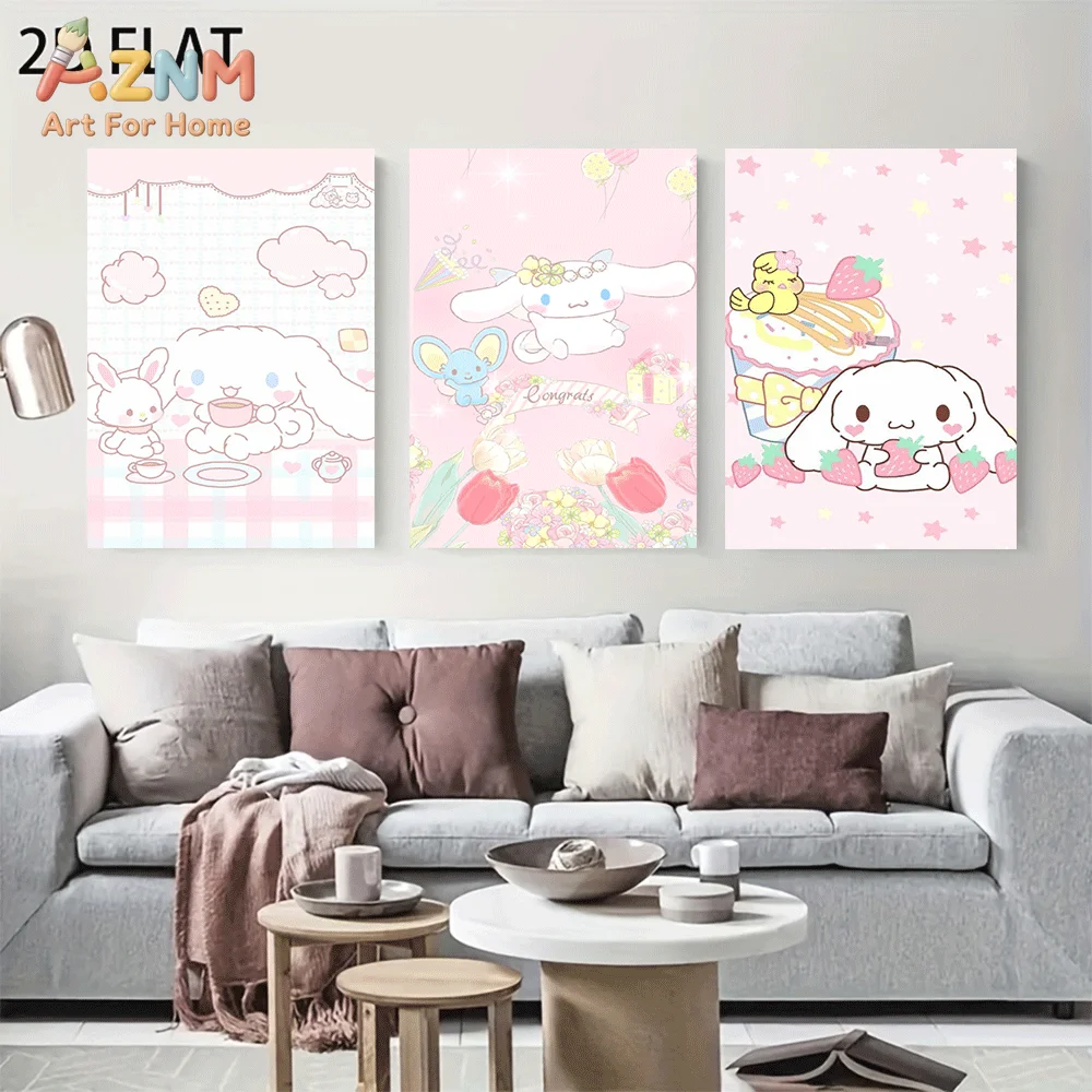 AZNM Cinnamoroll Canvas Wall Art Unframed Cute Cartoon Print Poster Tea Party Flower Cake Strawberry Grid Kawaii Pink Pastel Des