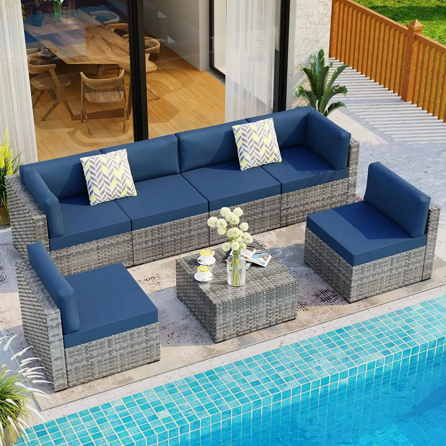 7 Pieces Outdoor Patio Sectional Sofa Couch, Silver Gray PE Wicker Furniture Conversation Sets