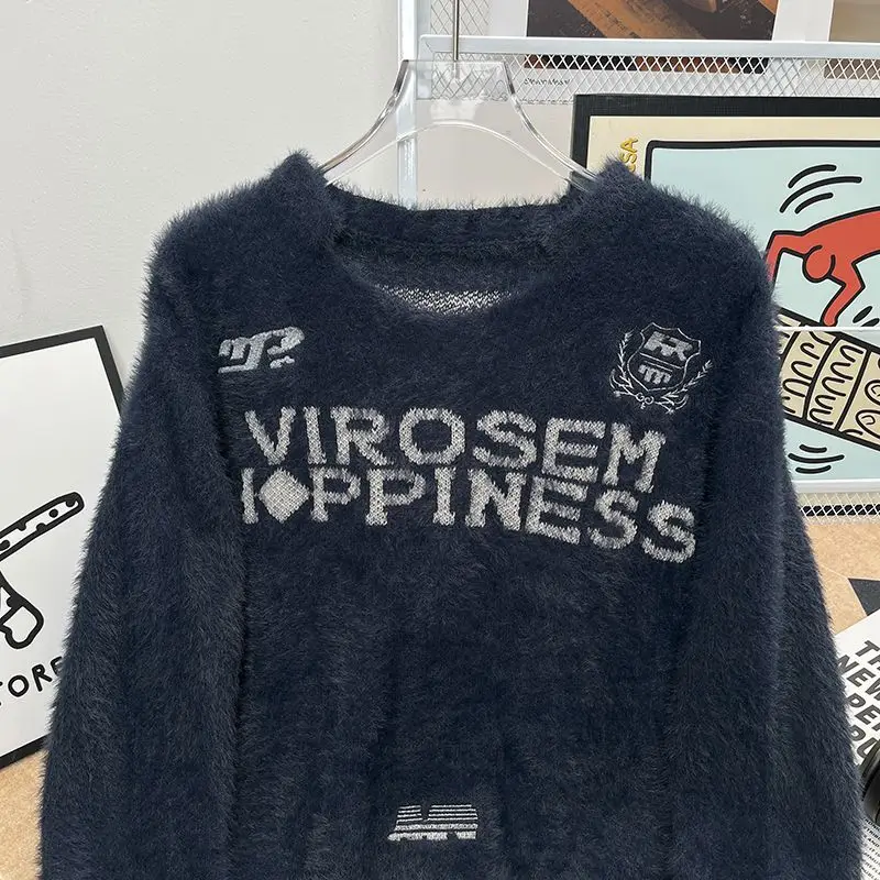 

American Retro V-Ne Faux Fur Soft Sweater Men Women Autumn High Street College Sle Knitted Outerwear Trendy Top