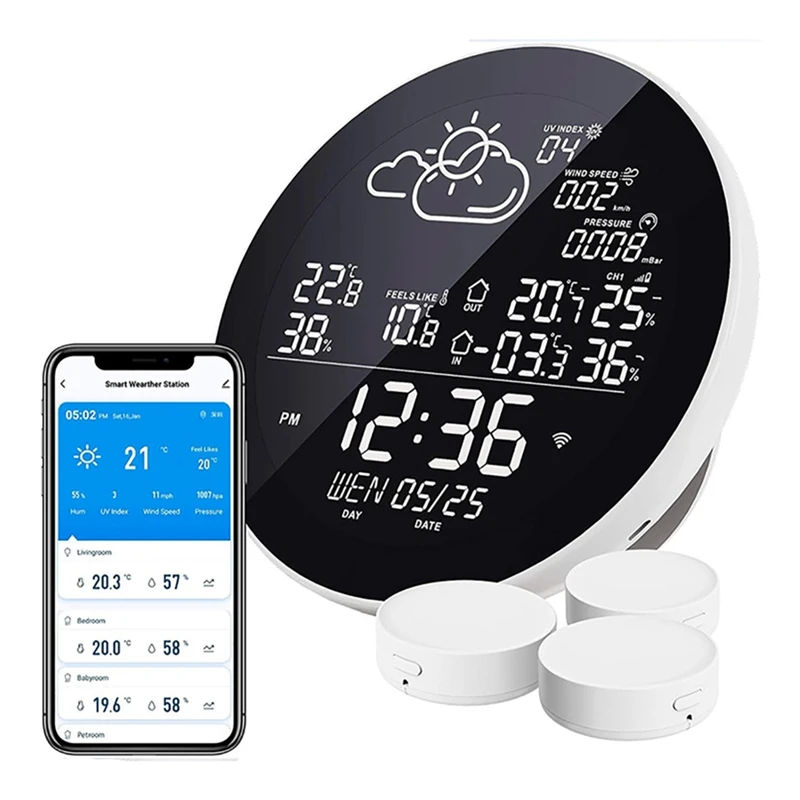 투야 와이파이 스마트 기상 관측소, 시계 온도 및 습도 계량기, 컬러 스크린 날씨 시계, 온도 게이지, EU 플러그