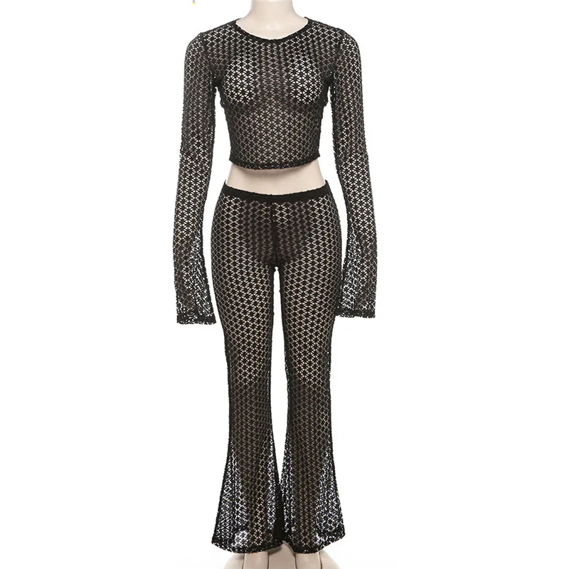 Sexy Mesh Lace Two Piece Pant Set Women Summer Spring Tracksuits Elegant Luxury Outfits Club Wear 2 Piece Pant Sets Outfits