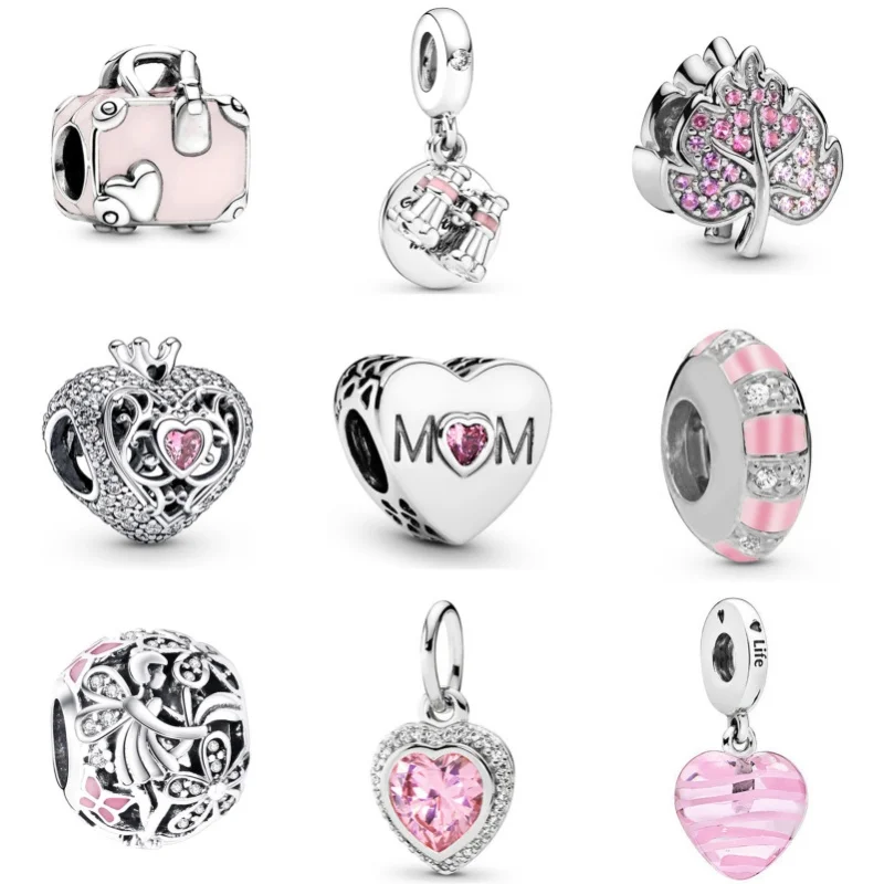 New Pink Series Heart Charms Beads Mom Bracelets Accessories Necklace Pendant Mother's Day Gift For Pandora DIY Jewelry Making