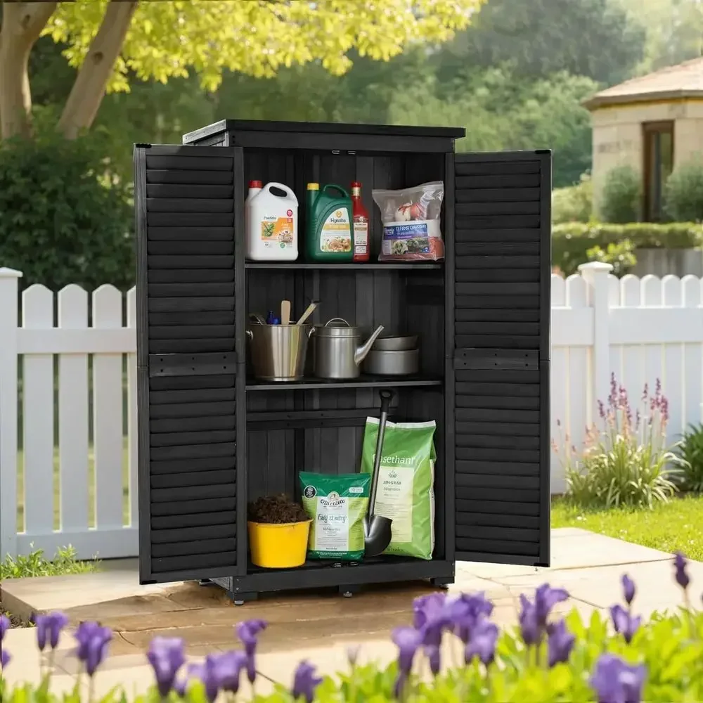 Outdoor 63 Tall Wood Storage Cabinet with Lockers for Yard and Patio (Black)