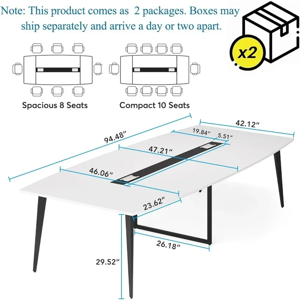 8FT Conference Table,Boat Shaped Meeting Table with Rectangle Grommet, Modern Seminar Table for Office (White & Black, 8ft)