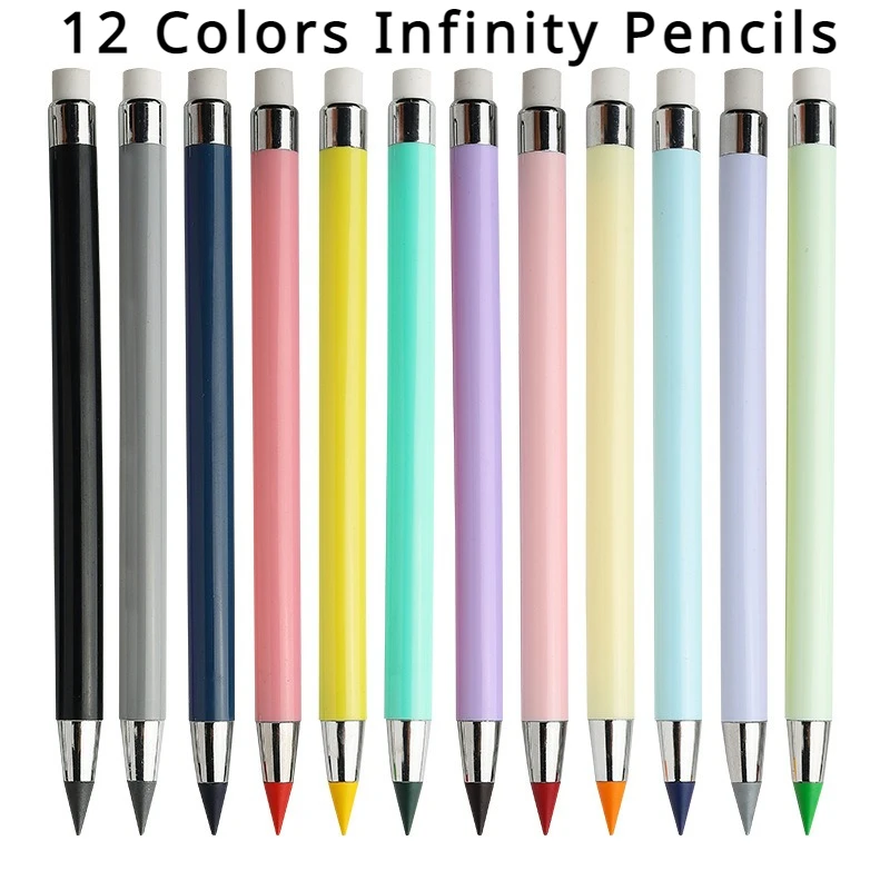 12 Colored Unlimited Writing Pencil With refill No Ink Novelty Eternal Pencils Pen Art Color Office School Supplies Stationery