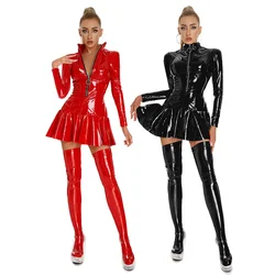 Mini robe en latex avec fermeture éclair creuse pour femme, dos en cuir PVC, tambours assiste, col montant, ligne A, mini jupe plissée, robes en latex