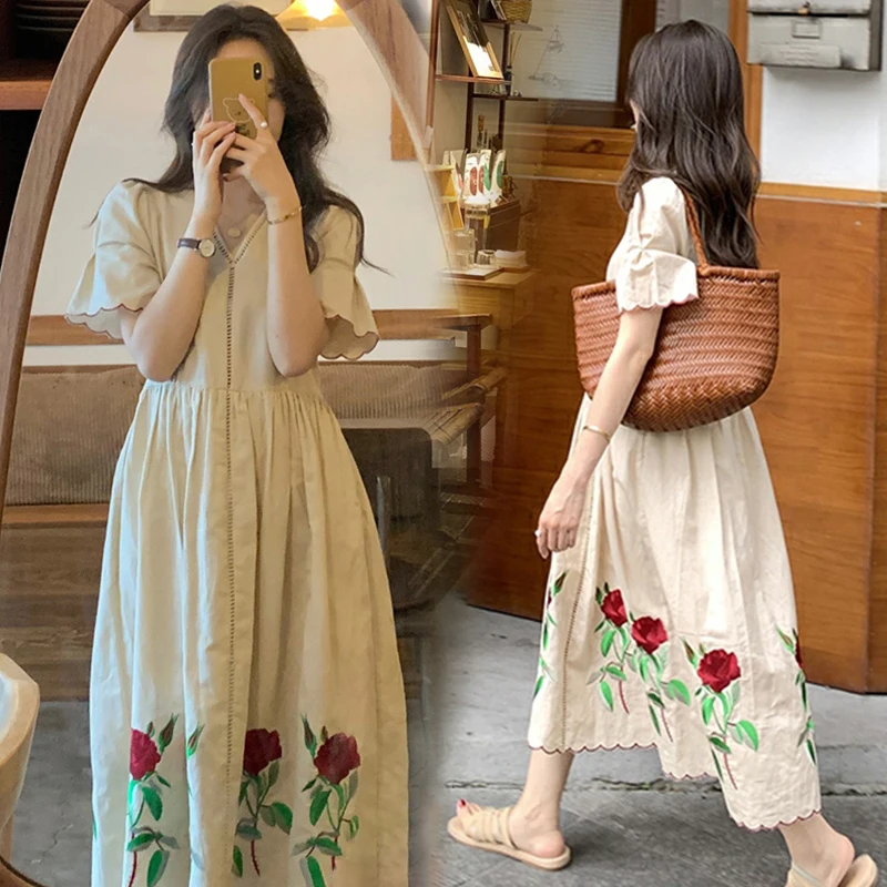 New In Dress Vintage Embroidery Cotton Linen A-Line Dresses for Women Summer Korean Elegant Casual Loose Plus-Size Midi Vestidos