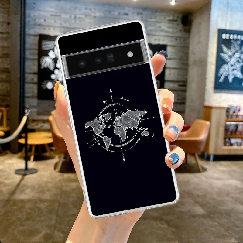Cartoon World map scenery direction Phone Case For Google Pixel 9 Pro XL 8 7 6 Pro 8A 7A 6A 5 4 5A 4A 3A XL 5G Soft Clear Cover